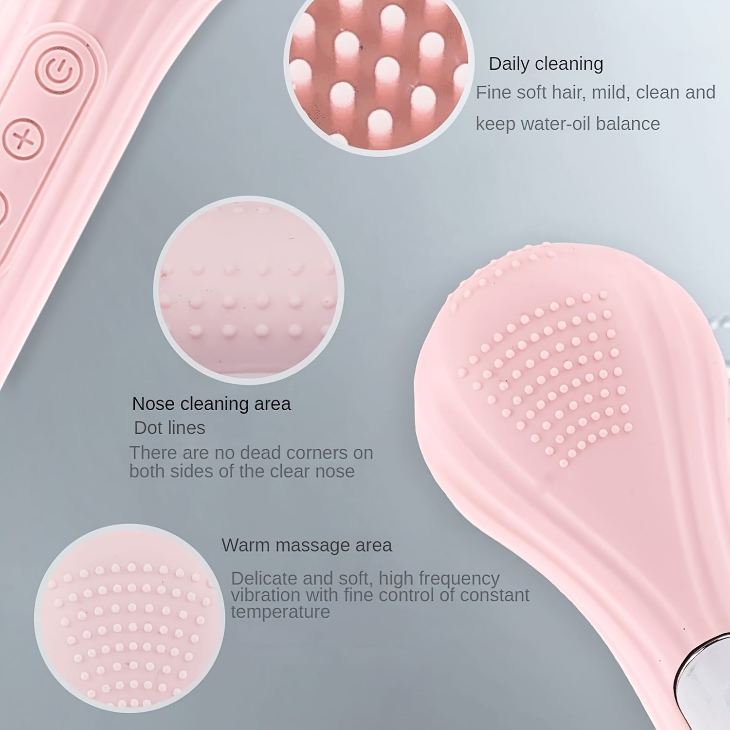 Qayta zaryadlanadigan silikon tozalash cho'tkasi, chuqur tozalash, yumshoq eksfoliatsiya va tebranish massaji uchun tuzilgan teksturalangan bosh bilan.