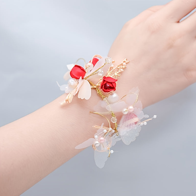 Wedding Wrist Corsages for Brides and Bridesmaids Fabric Flower Ribbon Bracelets