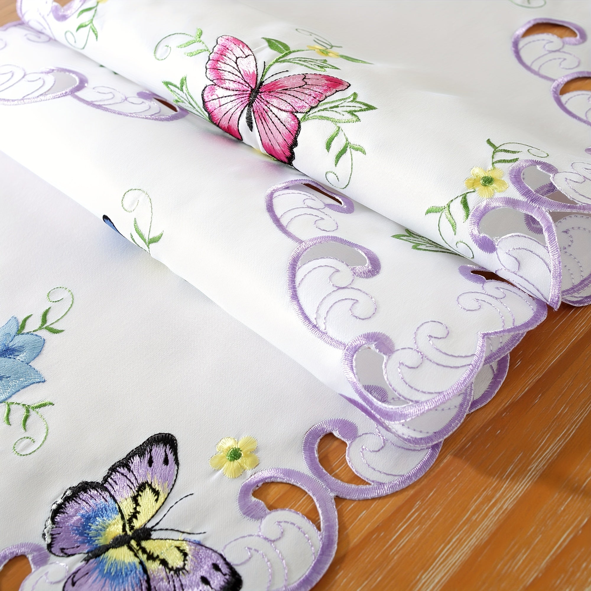 Polyester Table Runner with Butterfly and Flower Embroidery for Home Party Decor