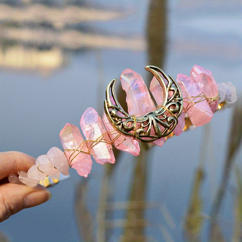 Women's Hair Accessory Headband with Natural Crystal and Moon Tiara Design