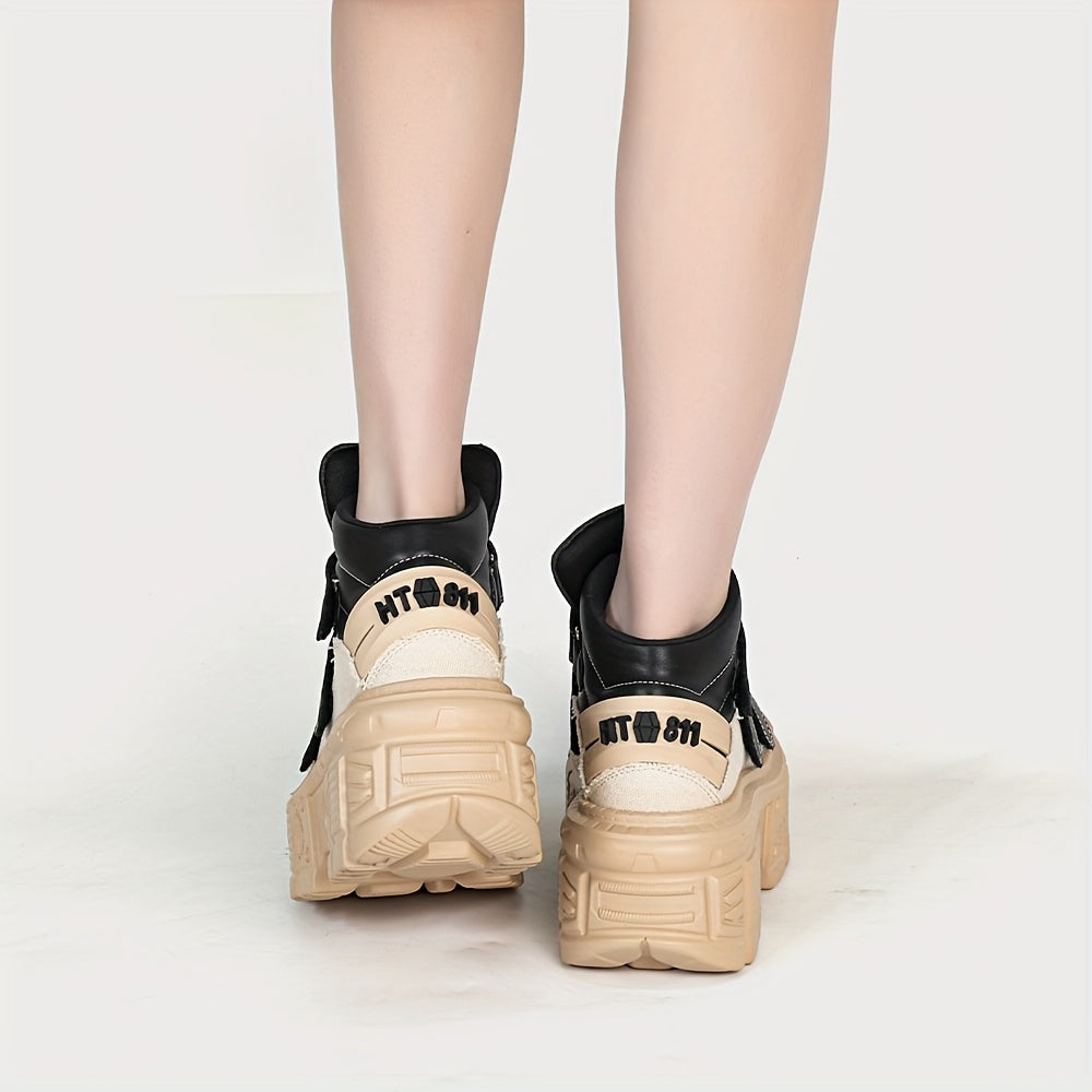 Women Punk Style High-Top Chunky Platform Ankle Boots Black White Accents