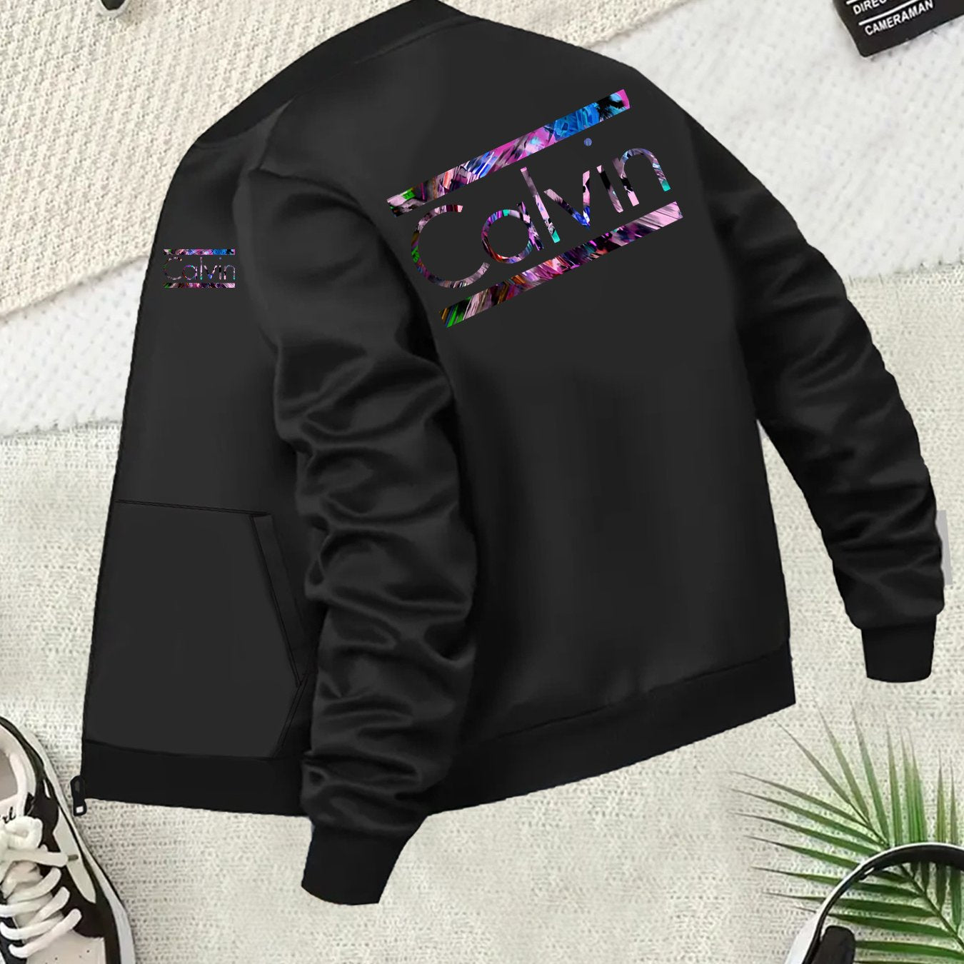 Plus Size Women's Black Bomber Jacket with Glitter "Calm" Letter Print