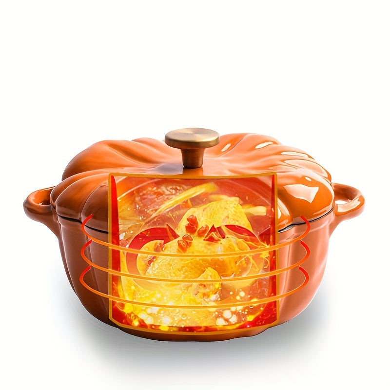 Набор посуды, включая чугунную кастрюлю в форме тыквы с золотой крышкой, двойными ручками и совместимостью с духовкой, плитой и газом.