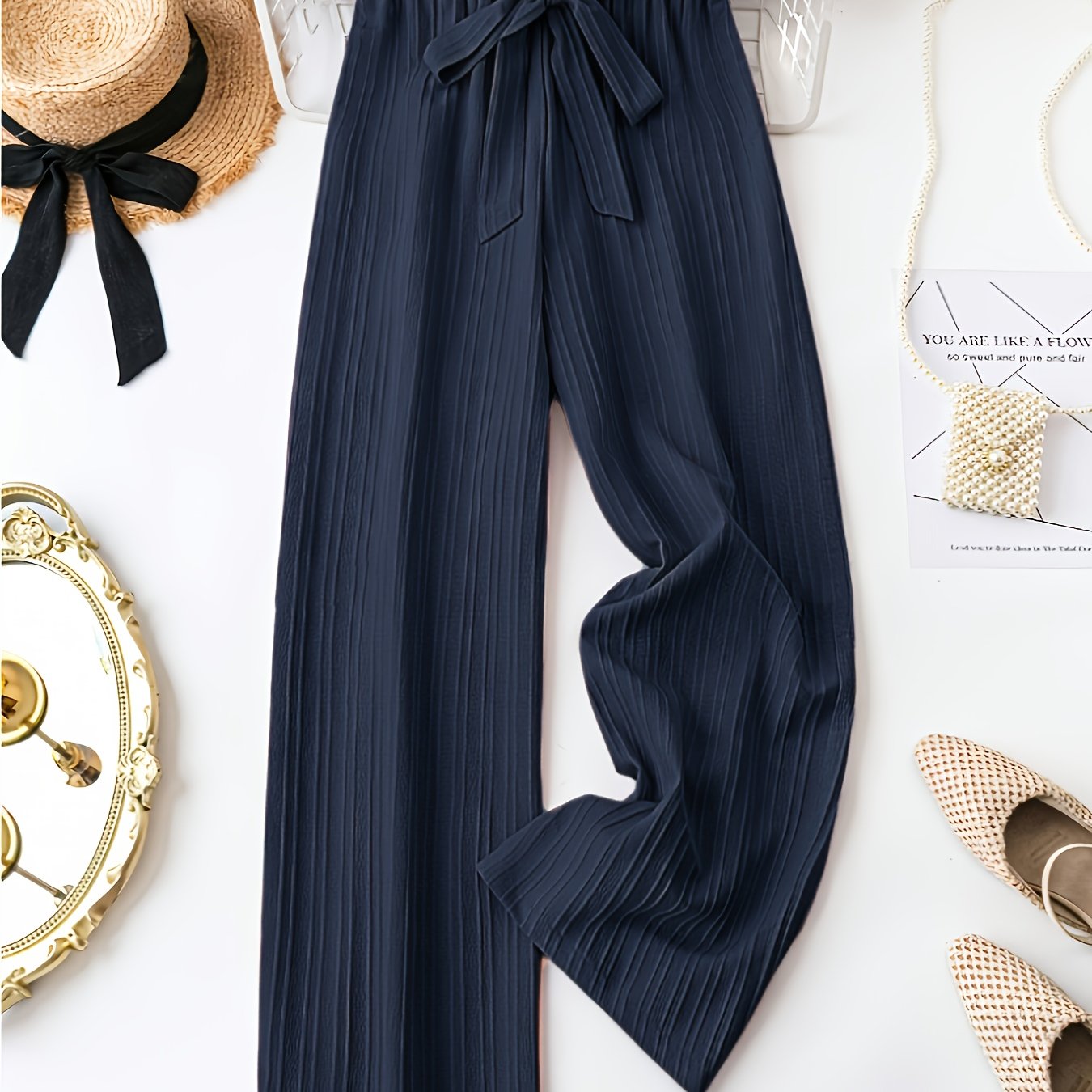 Plus Size Women's Navy Blue Straight Pants Casual Trousers with Tie Waist