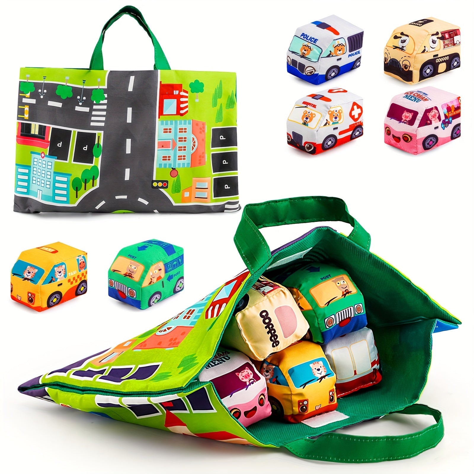 6 ta yumshoq o'yin mashinalari to'plami, o'yin matosi va saqlash sumkasi bilan - 1 yoshli bolalar uchun tug'ilgan kunlar, Halloween yoki Rojdestvo uchun ideal sovg'a