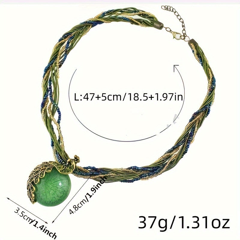 Vintage Alloy Peacock Leaf Gemstone Pendant Necklace Boho-Chic Jewelry