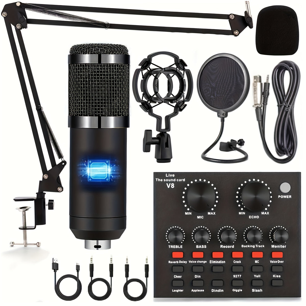 Podcasting Microphone Kit with V8 Sound Card Voice Changer for Recording Streaming Gaming Black