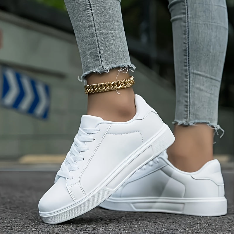 Women's Lightweight Casual Sneakers, Breathable Fabric, White Flats