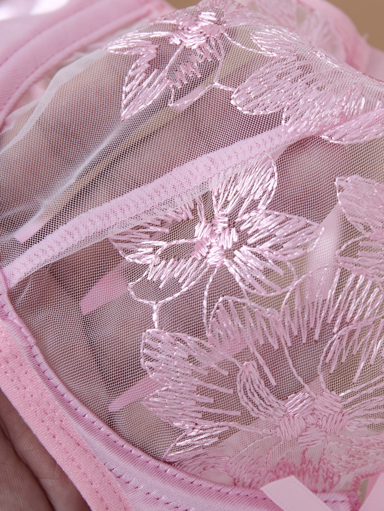 Pink Flower Embroidery Lingerie Set for Women Valentine's Day Gift