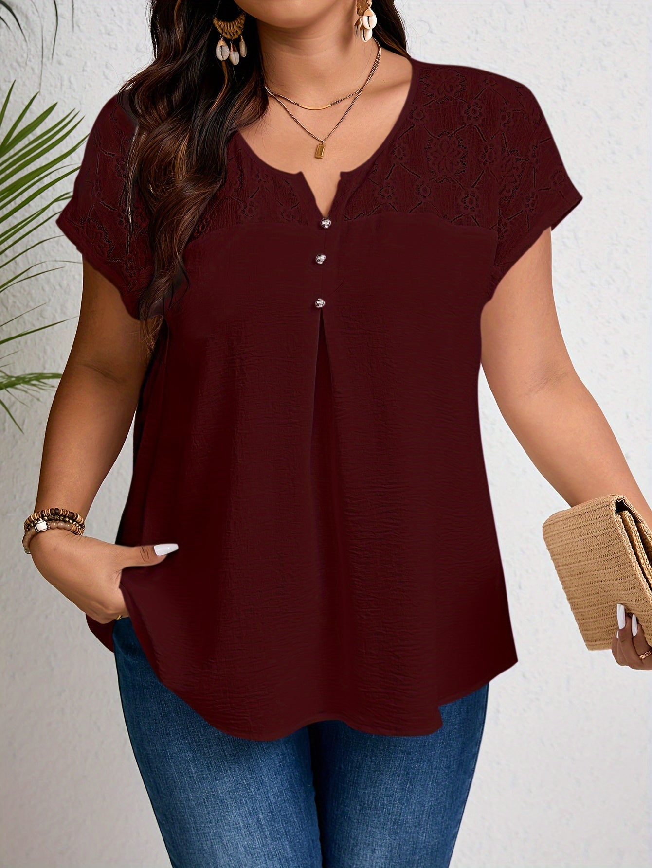 Plus Size Lace Top with Button Details Short Sleeve Notched Neck Spring Summer Elegant