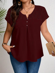 Plus Size Lace Top with Button Details Short Sleeve Notched Neck Spring Summer Elegant
