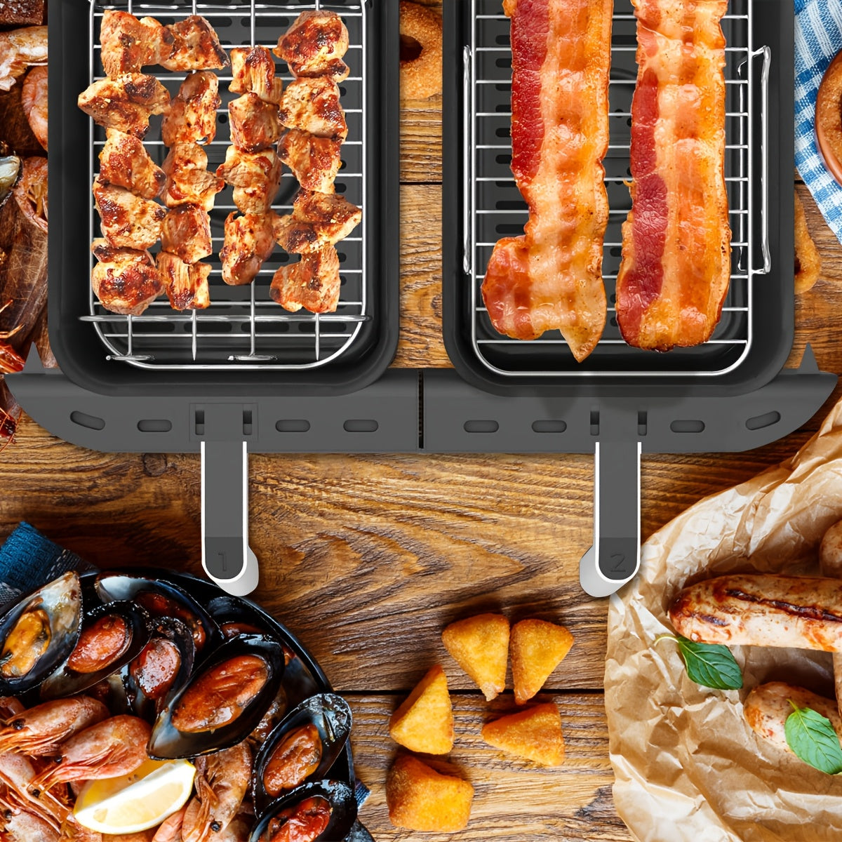 Juego de 2 rejillas de acero inoxidable para freidora de aire con brochetas y revestimientos de silicona para Ninja Air Fryer