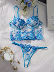 Women's Floral Pattern Lingerie Set with Bustier Top and Thong Panties