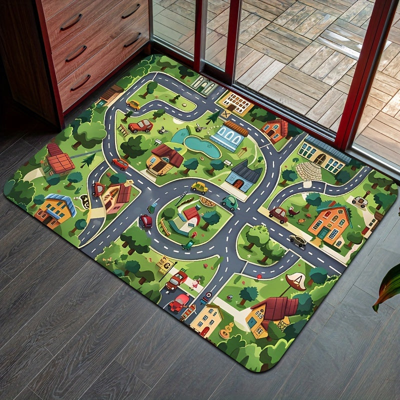 Alfombra de diseño de pueblo de dibujos animados verdes para habitaciones infantiles y espacios de estar