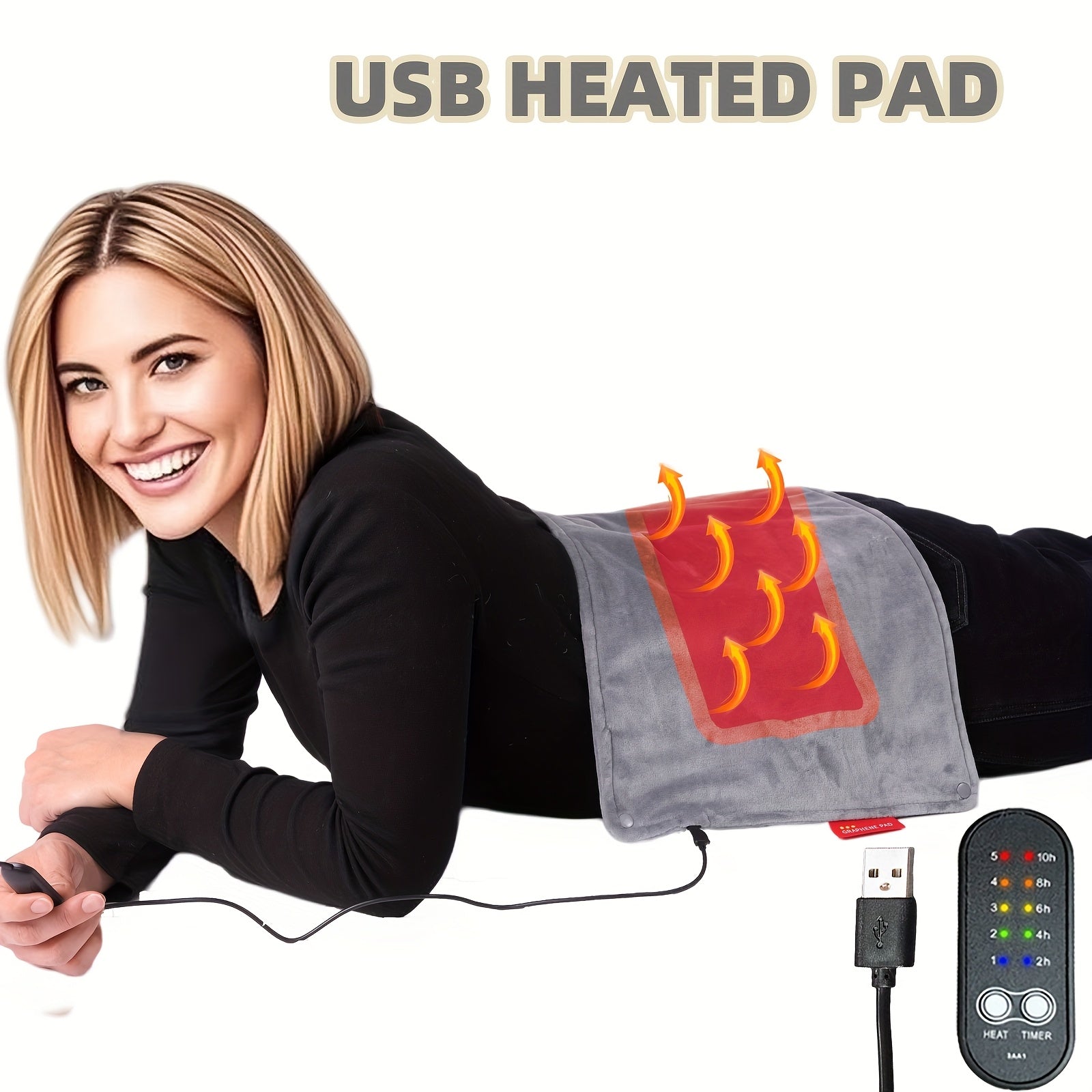 Portable Graphene USB Heating Pad with Adjustable Temp, Timer, Washable