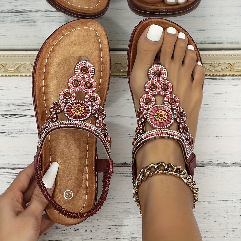Ladies Flat Sandals With Floral Embellishments and Open Toe