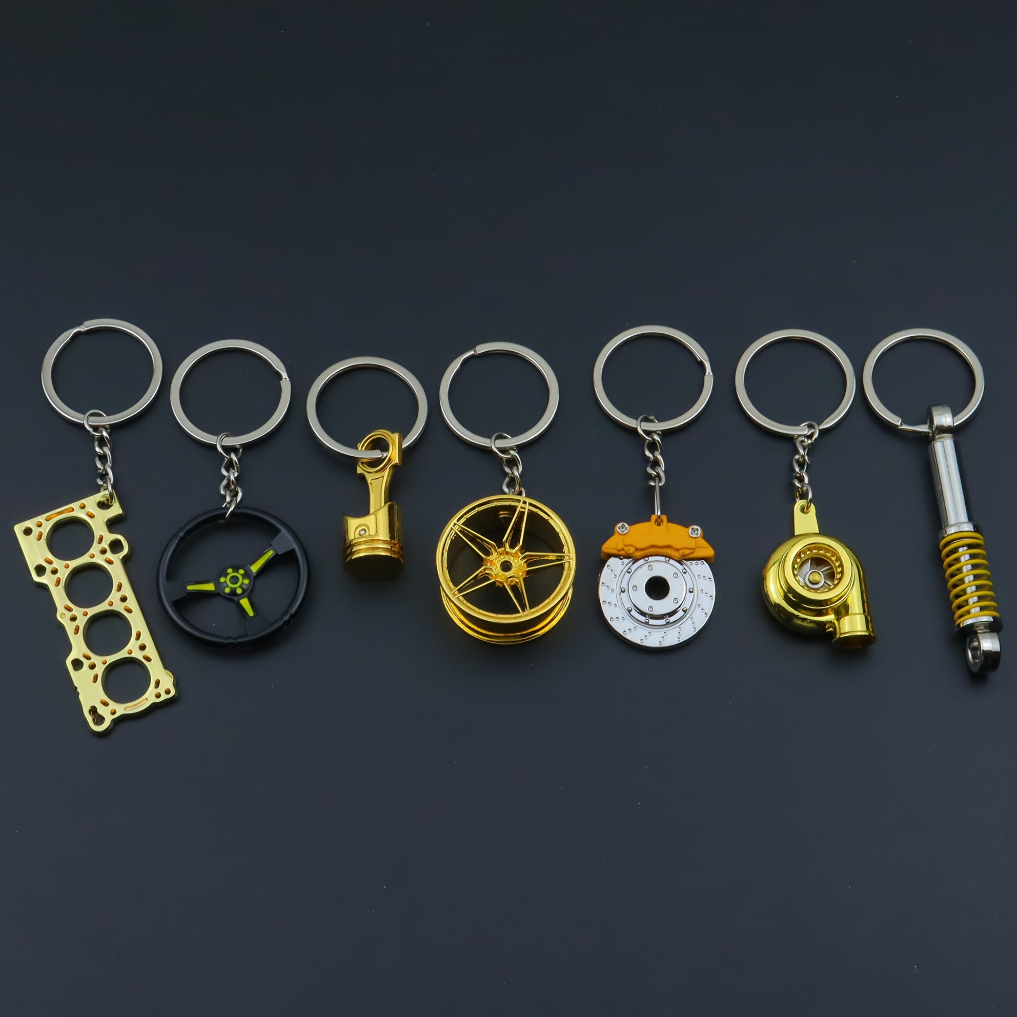 7 ta Avtomobil Ishqibozlari Kalit Zanjiri - Qora Sink Qotishmasi, Dvigatel Bloki, Turbo, G'ildirak Hub va Boshqalar - O'g'il bolalar uchun Ideal Sovg'a