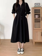 Beige Long Sleeve Midi Dress with Tie Waist Pockets for Women