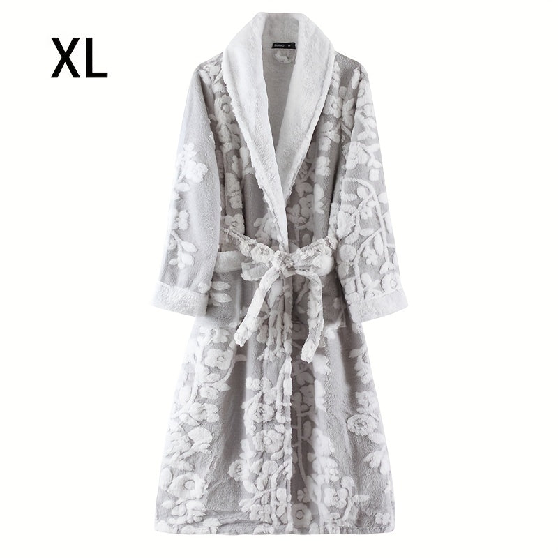 Unisex Thickened Long Bathrobe with Flower Pattern for Home and Bathroom Use
