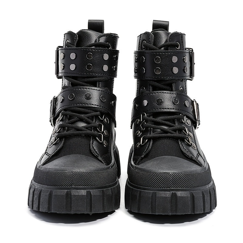 Women's Black Leather Motorcycle Boots with Metal Buckles and Platform Sole