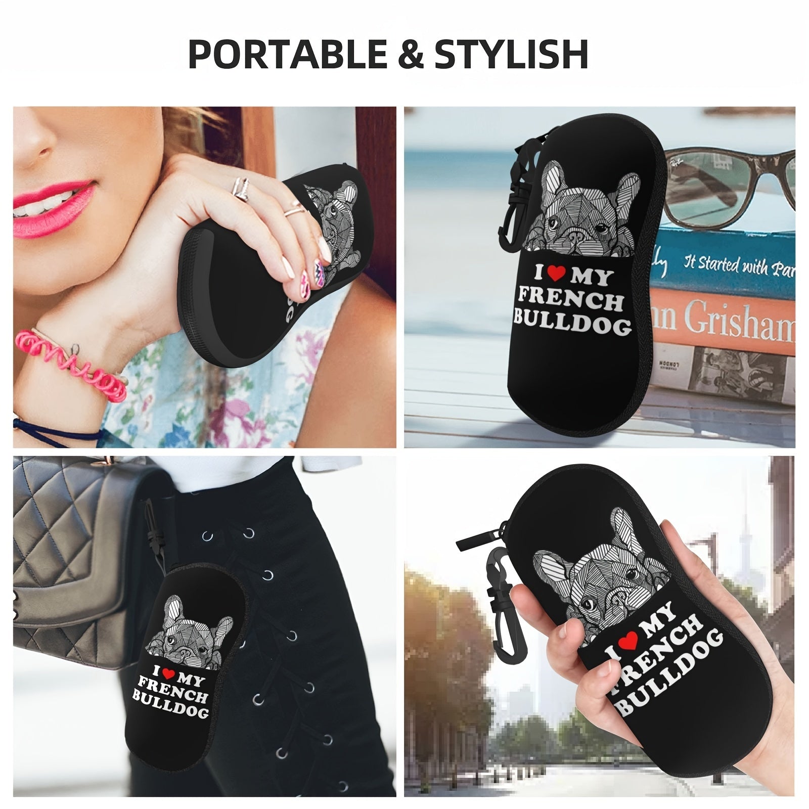 French Bulldog Pattern Glasses Case with Key Chain Neoprene Portable Eyewear Holder