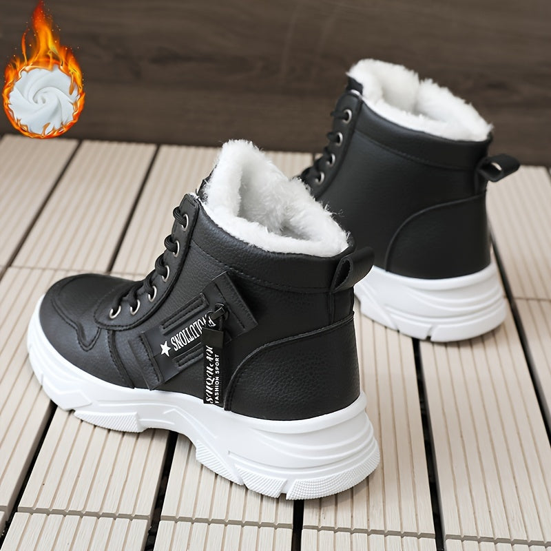 Women's Faux Leather Mid-Top Sneakers with Thick Platform Sole Beige Cold Weather Shoes