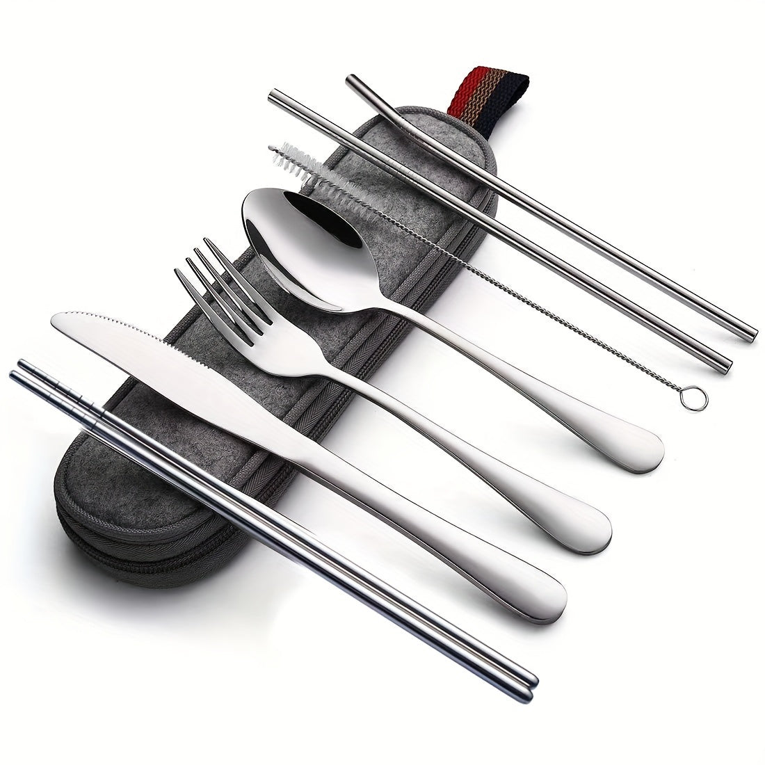 Camping Cutlery Set with 8 Stainless Steel Pieces Knife Fork Spoon Chopsticks and Carry Case