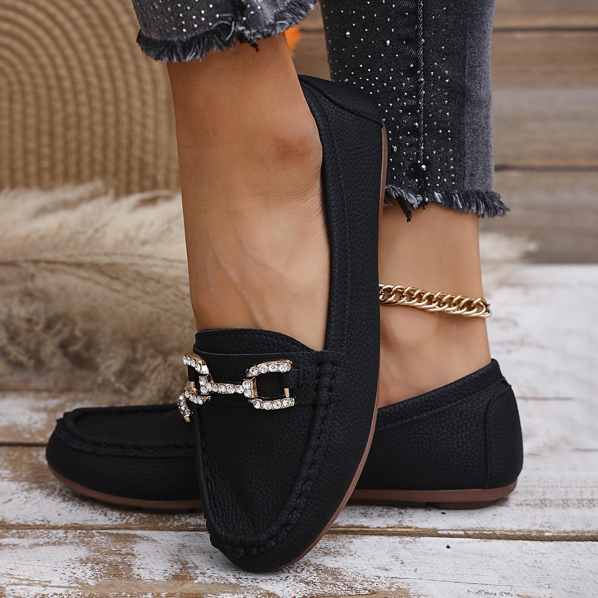 ayollar uchun slip-on tufli, faux cover yuqori qismi, kauchuk taglik, kundalik poyafzal