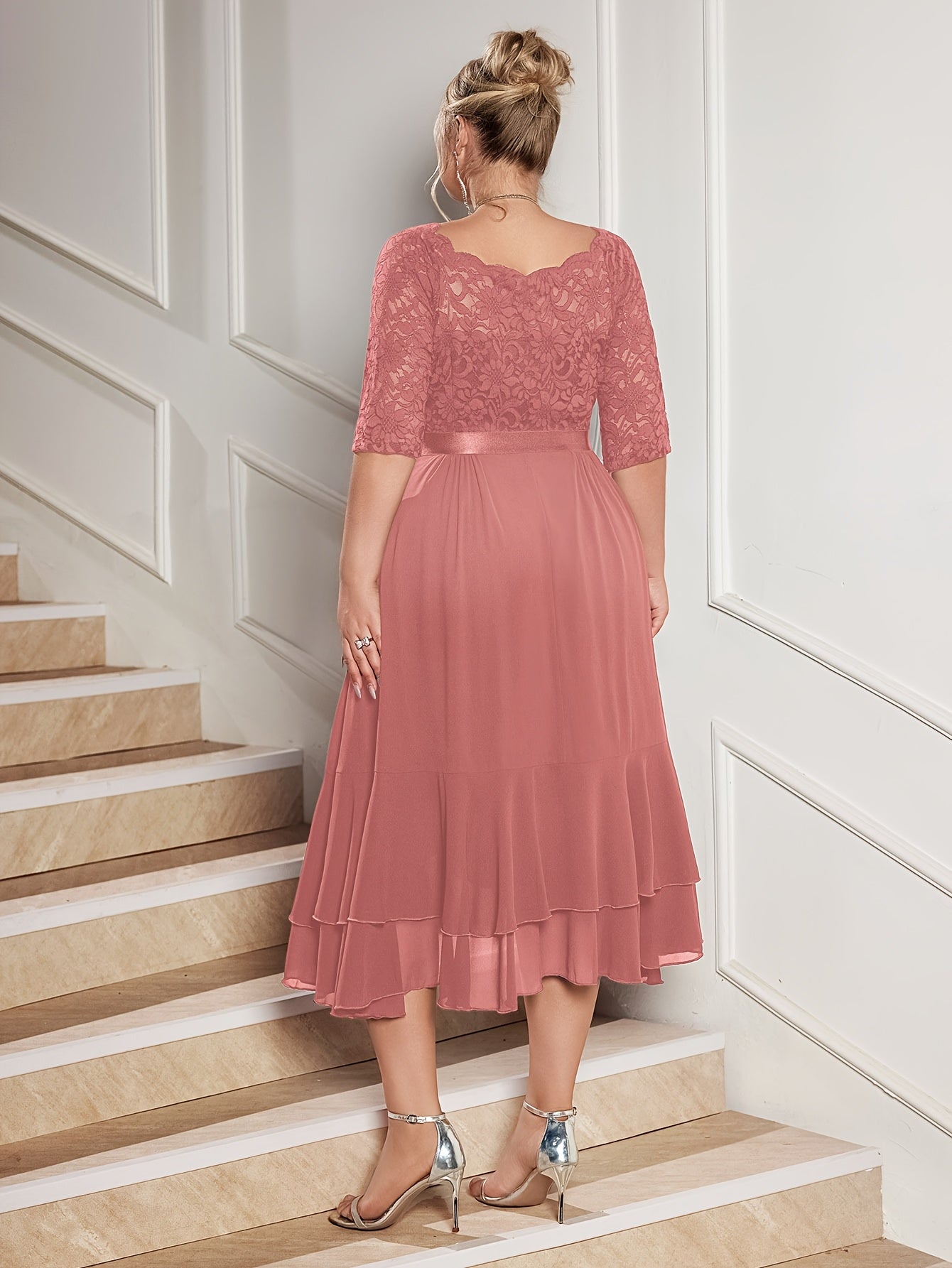 Plus Size Off Shoulder Lace Chiffon Midi Dress Ruffle Sleeve Wedding Party