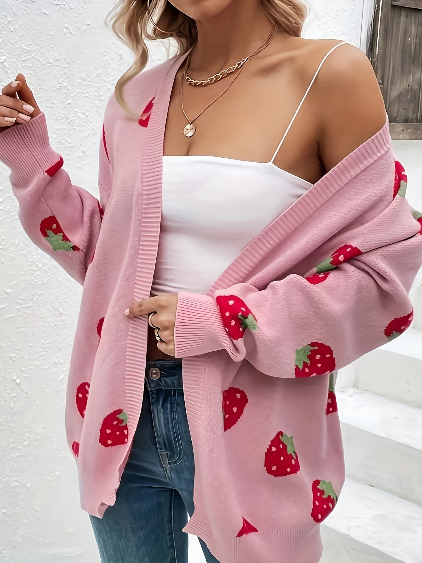 Women’s Long Sleeve Cardigan with Strawberry Prints Oversized Sweater