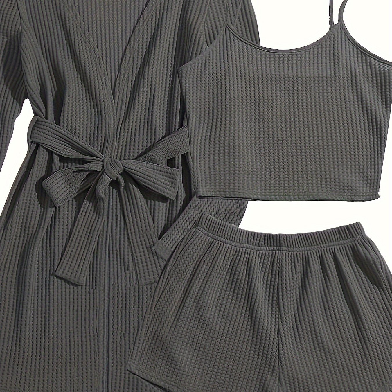 Women's Waffle Lounge Set with Robe, Crop Top, Shorts for Summer Home Wear