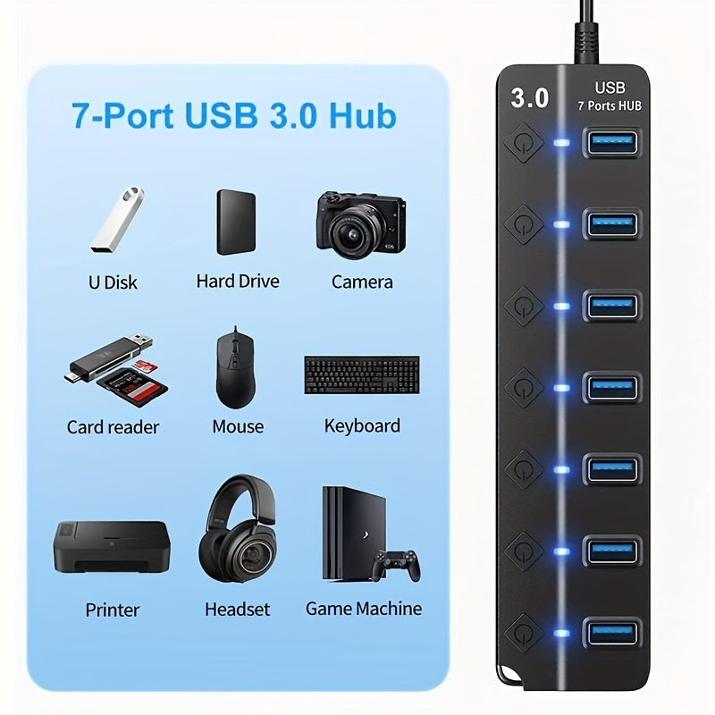 7-Port USB 3.0 Hub with LED Indicators and On/Off Switches Black Portable Data Transfer
