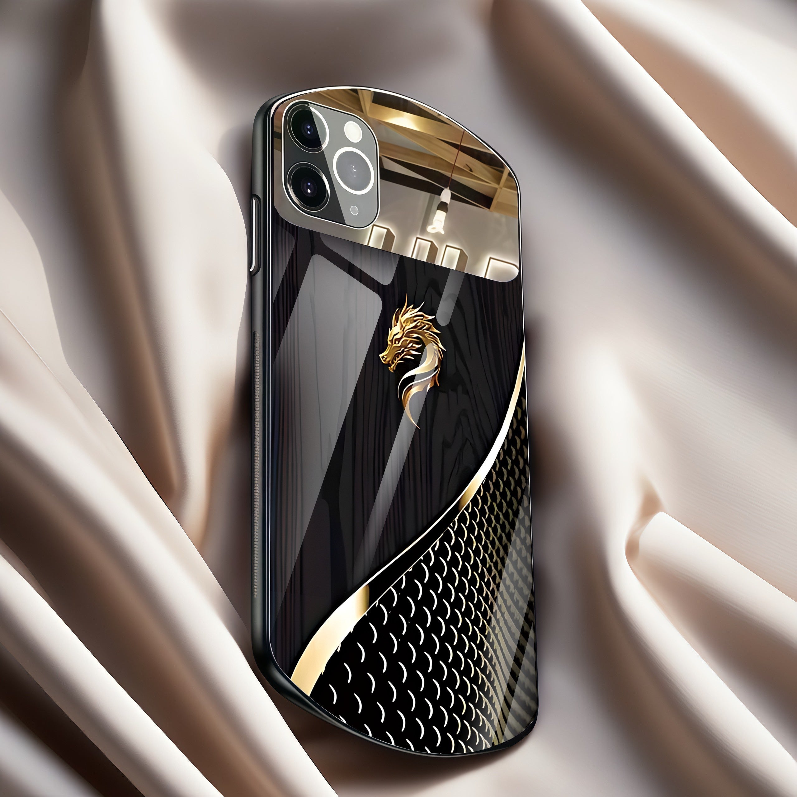 Luxury Golden Dragon Faux Wood Grain Oval Glass Phone Case for iPhone 11 Pro Max and Later Models