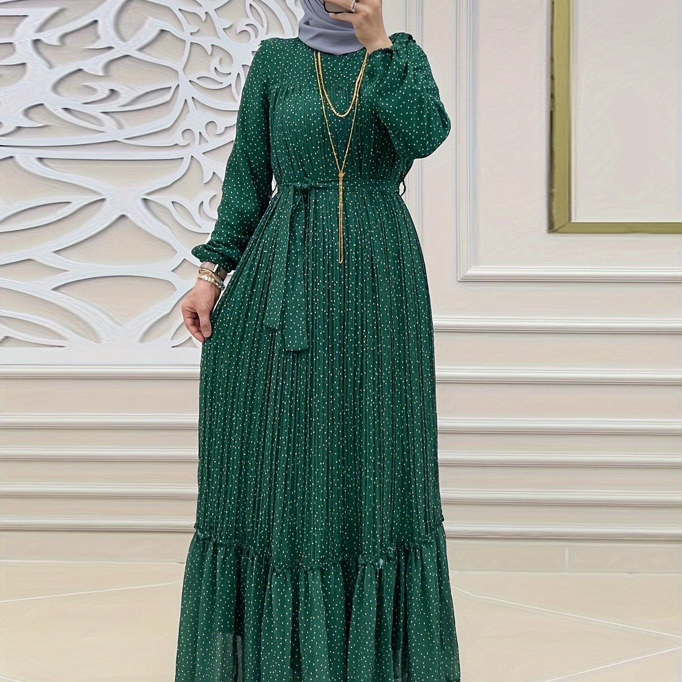 Women's Polka Dot Maxi Dress with Ruffle Hem Long Sleeves Crew Neck Pleated Back