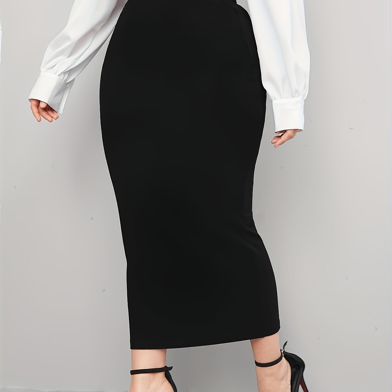 Plus Size Midi Pencil Skirt Polyester Knit Solid Color Straight Cut