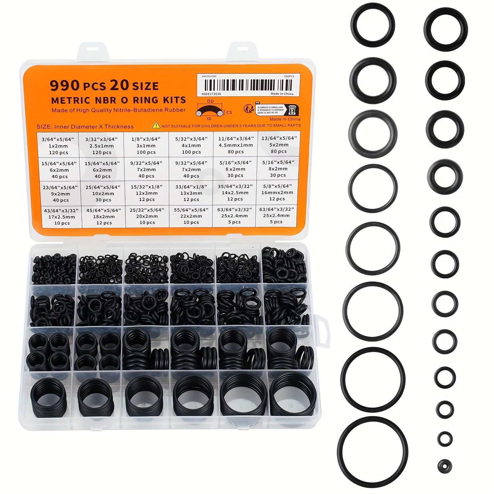 990pcs Nitrile Rubber O-Ring Kits 70A Hardness for High-Pressure Sealing