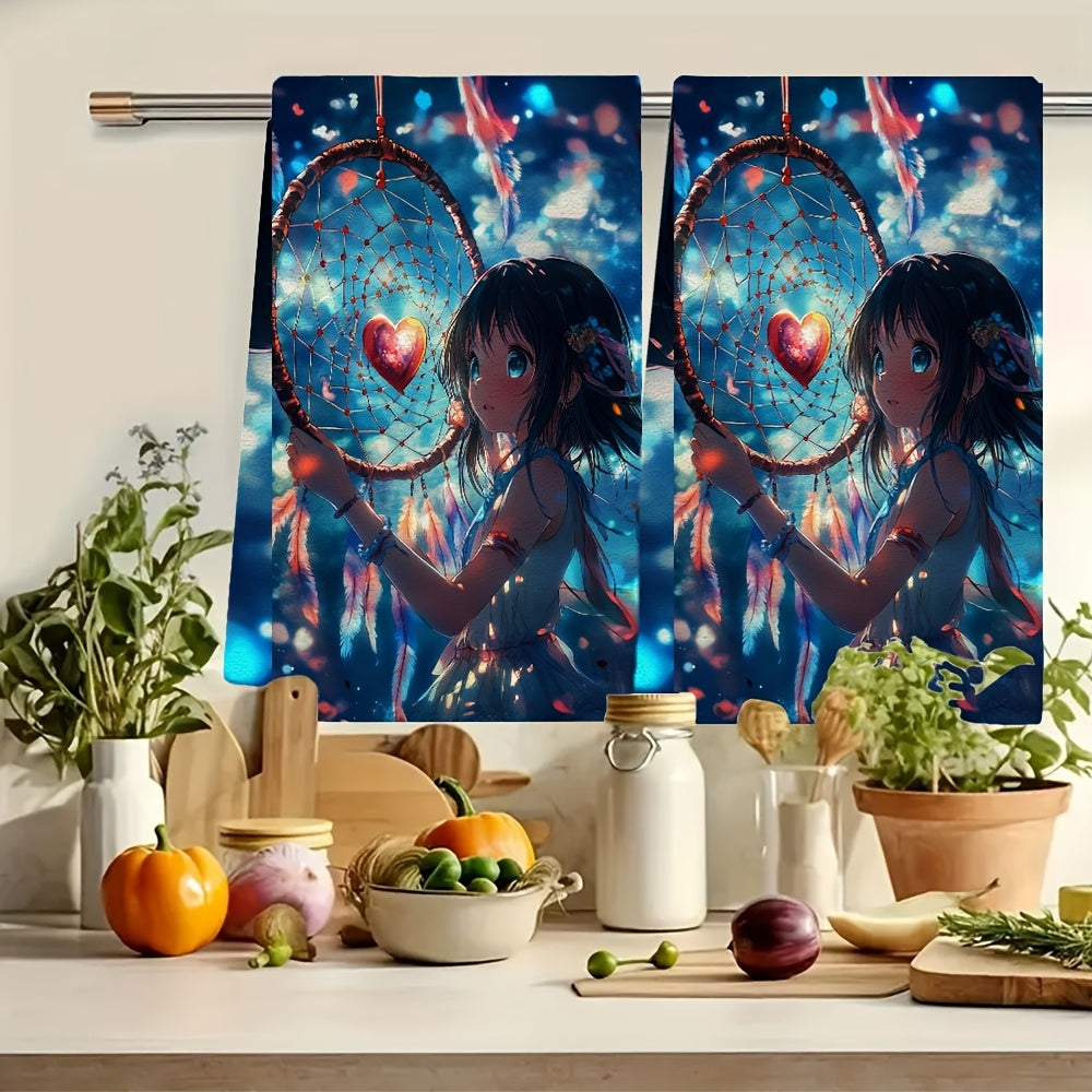 Anime qiz dizayni bilan ikkita ultra yumshoq oshxona sochiqlari to'plami, namlikka chidamli, mashina bilan yuviladi