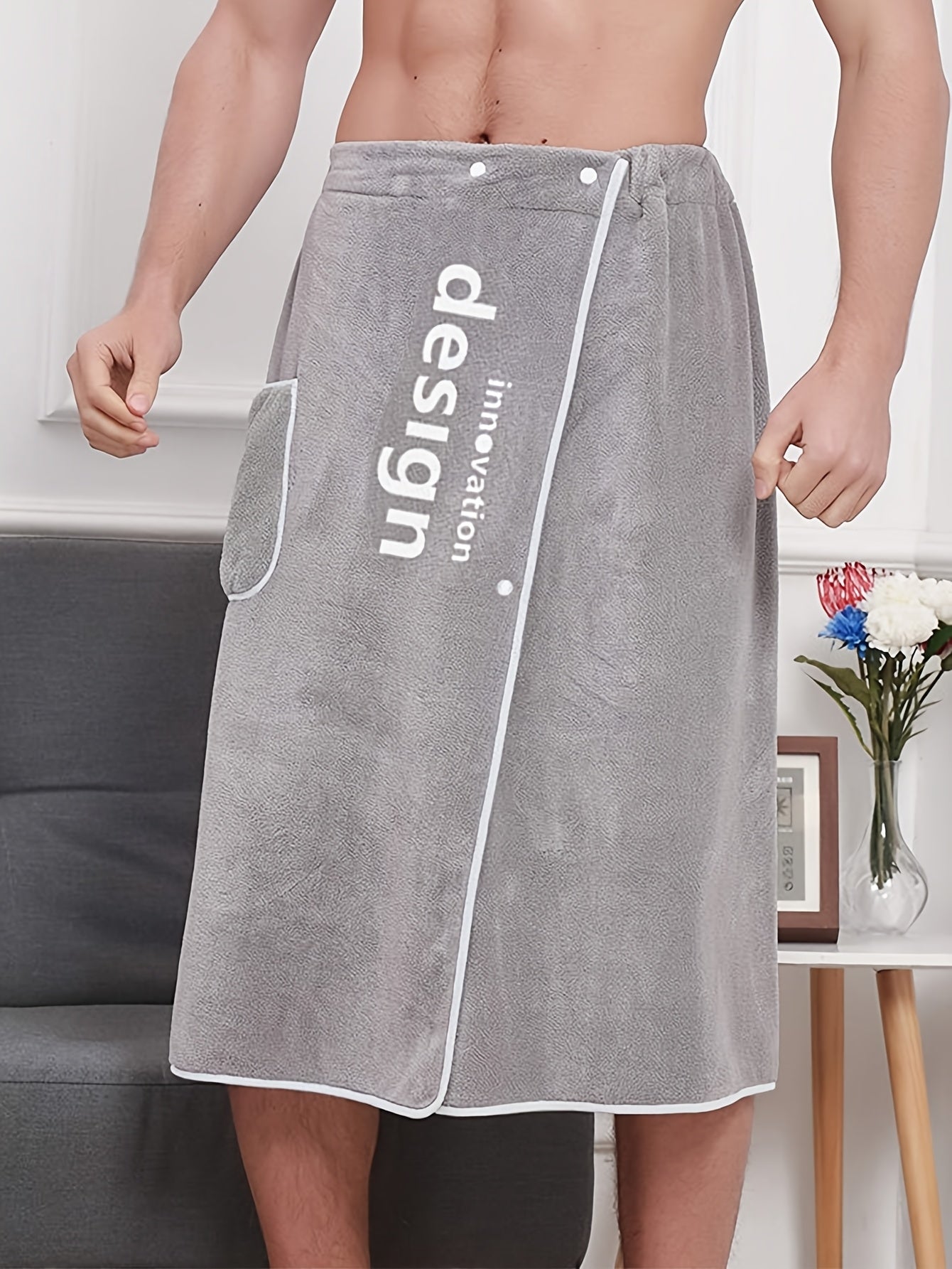 Conjunto de bata de felpa de coral para hombre con bolsillo bordado con alfabeto, casual, de hombro caído, tejido de punto, para todas las estaciones