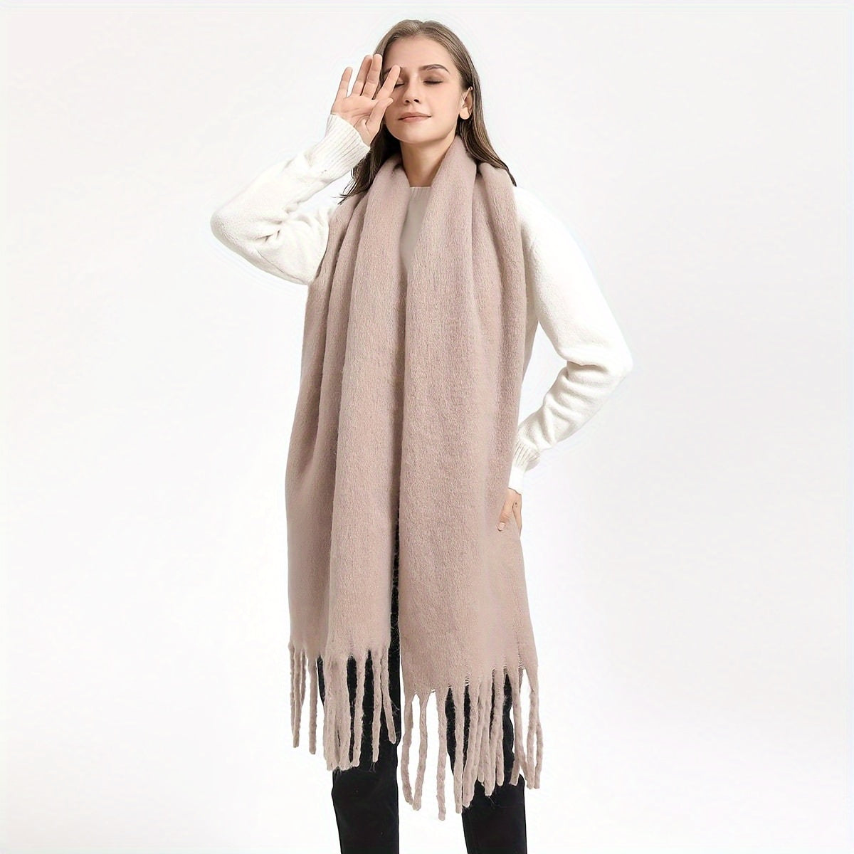 Women's Autumn Winter Solid Color Fringe Scarf Soft Windproof Large Shawl