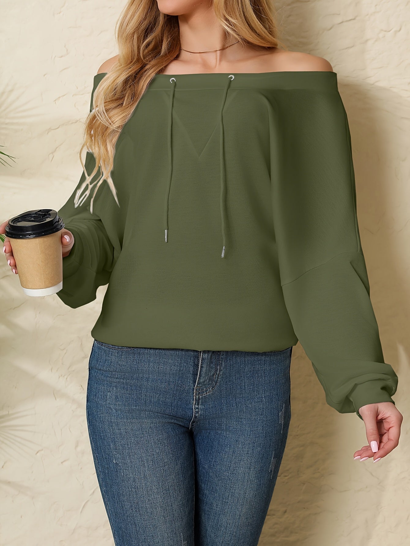 Women’s Polyester Knit Off-Shoulder Pullover Sweatshirt with Drawstring