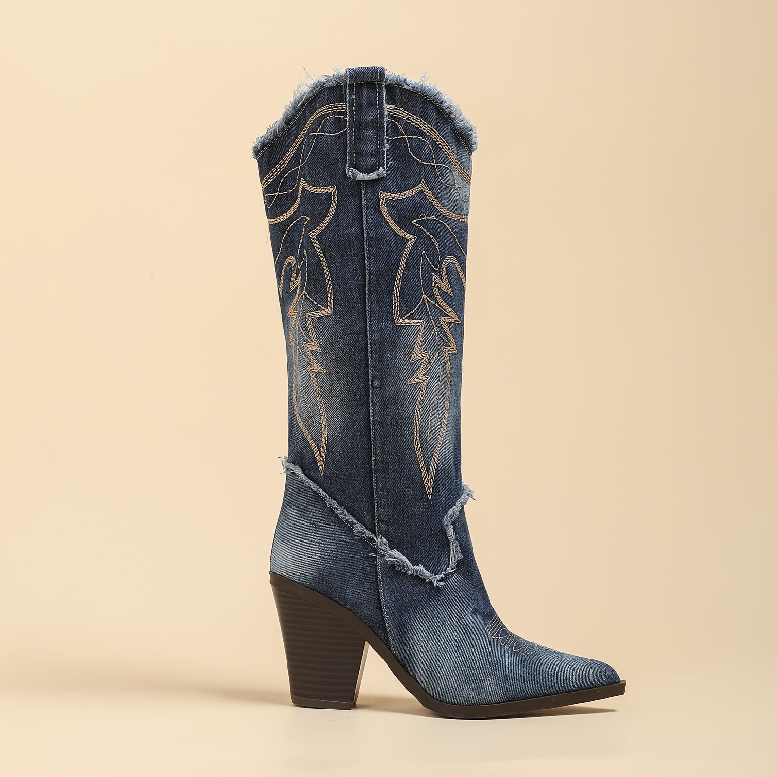 Women's Knee High Boots Leather Retro Western Style Pointed Toe Zipper Heel