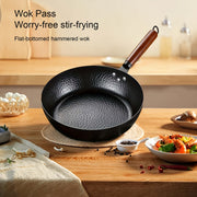 Non-Stick Cast Iron Wok Wooden Handle Hammered Flat Bottom All Stovetops