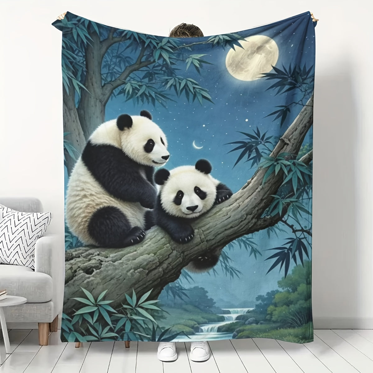 All-Season Flannel Throw Blanket with Panda Moonlight Scene Soft Cozy Polyester Gift for Bed Sofa Living Room