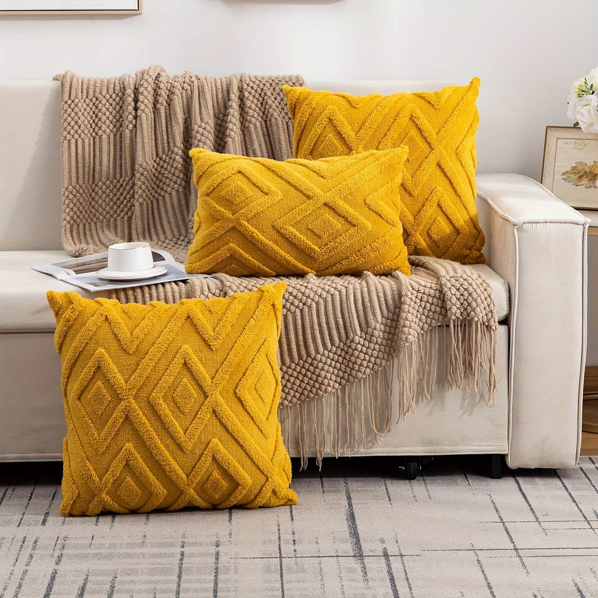 Bohem uslubidagi shaggy chenille yostiq qopqog'i, xom shakar sariq, 20x20 dyuym