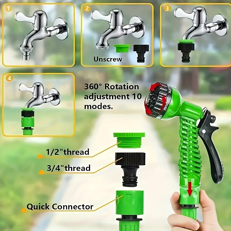 Expandable Green Rubber Garden Hose 30ft with High-Pressure Spray Gun and Anti-Kink Nozzle