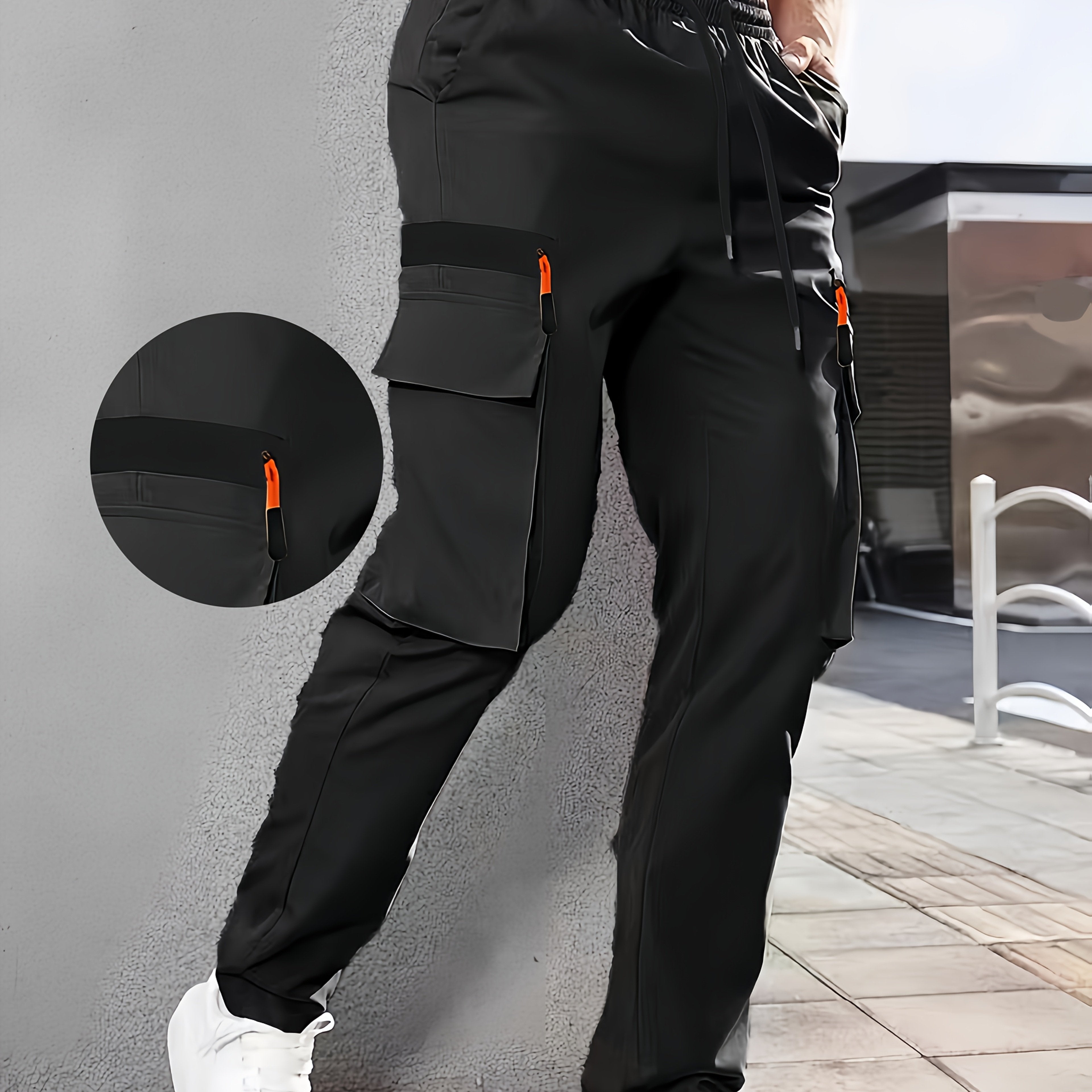 Men's Casual Cargo Pants Polyester Elastic Waist Multi-Pocket Regular Fit for Spring Fall