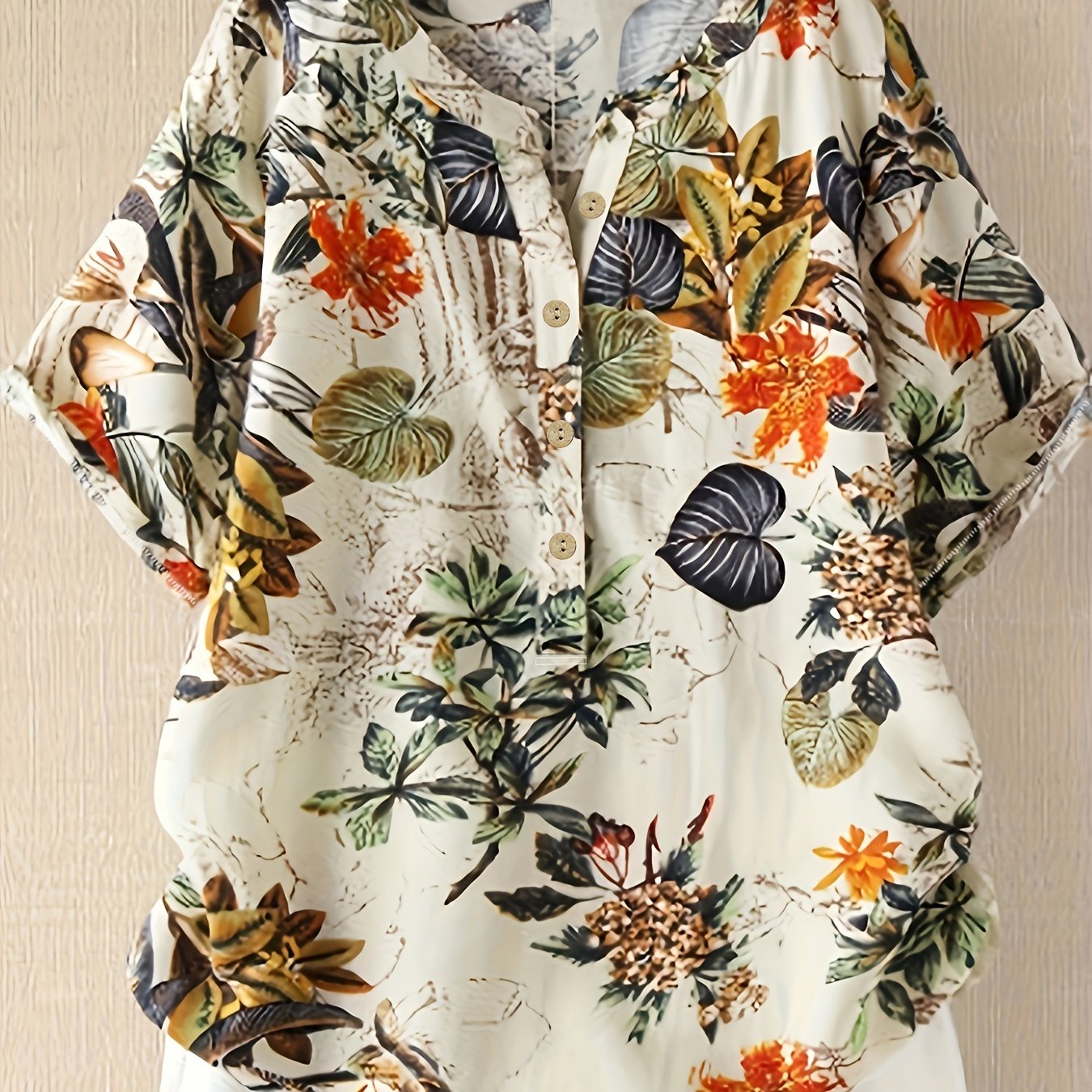 Plus Size Women's Cotton Long Sleeve Floral Blouse Casual Button-Up Shirt