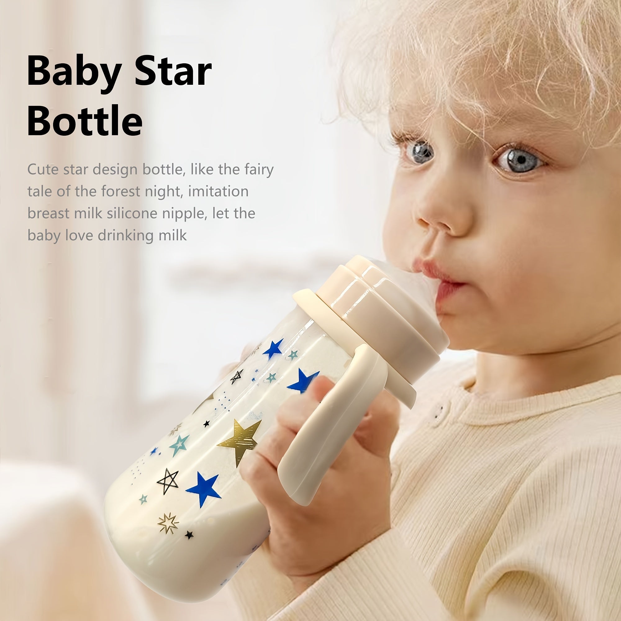 Baby Feeding Bottle 330ml Large Capacity Wide Mouth Handle Fall Resistant PP Material Cartoon Star