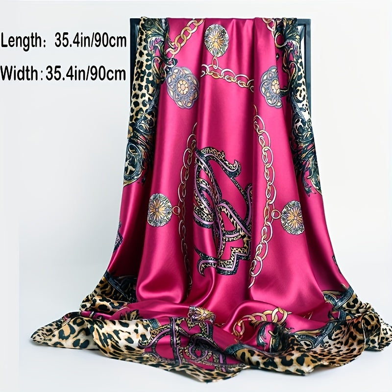 Women's Satin Square Scarf 88.9cm Leopard Chain Print Boho Head Wrap Shawl