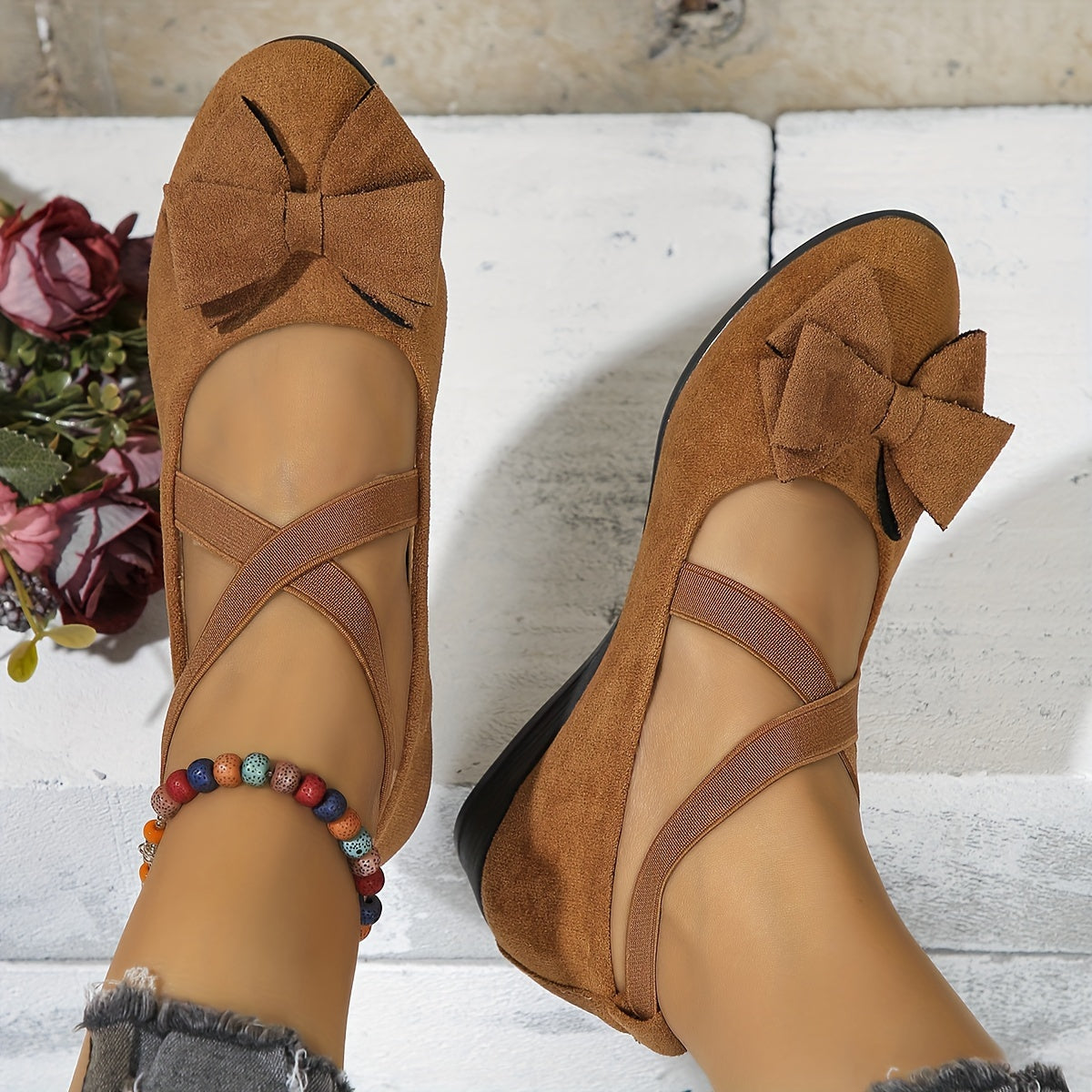 Zapatos planos de temporada para mujer, con lazo y correa cruzada, de color sólido, sin cordones, de franela